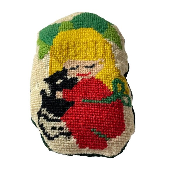 Vintage Needlepoint Ornament Girl With Scotty Dog Wind Up Music Jingle Bells - Picture 10 of 12